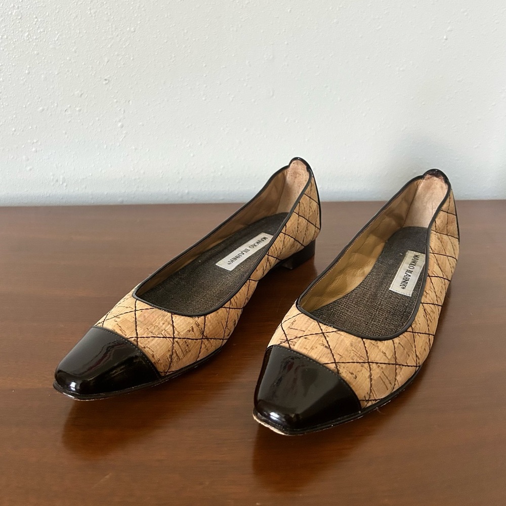 MANOLO BLAHNIK Giunglaca Quilted Cork Ballet Flats with Patent Leather Cap Toe